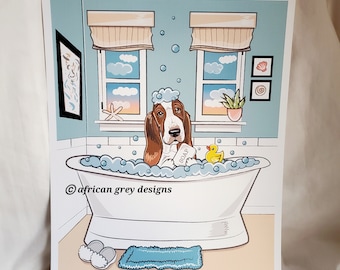 Seaside Bath Basset Hound - Eco-Friendly 8x10 Print on Recycled Linen Paper