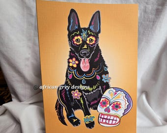 May include: A black German Shepherd dog with colorful Day of the Dead inspired designs, including flowers and a skull, on a yellow background.  The dog is sitting with its tongue sticking out and a sugar skull is next to it.  The text "african grey designs" is at the bottom of the image.