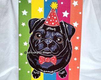 Rainbow Birthday Pug Greeting Card - Black Pug