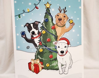 Christmas Tree Pit Bulls - 8x10 Eco-friendly Print on Recycled Linen Paper