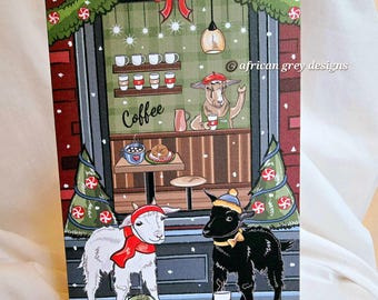 Coffee Shop Goats Greeting Card - Winter Scene