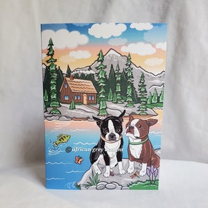 Boston Terrier Lakeside Cabin Greeting Card
