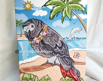 African Grey Parrot Beach Greeting Card