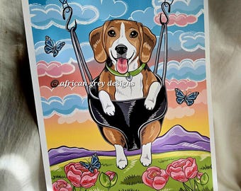 Swinging Beagle Print - Eco-Friendly 8x10 Print on Recycled Linen Paper