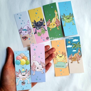 Mini Axolotl Bookmarks - Eco-friendly Set of 8 Printed on Recycled Linen Paper