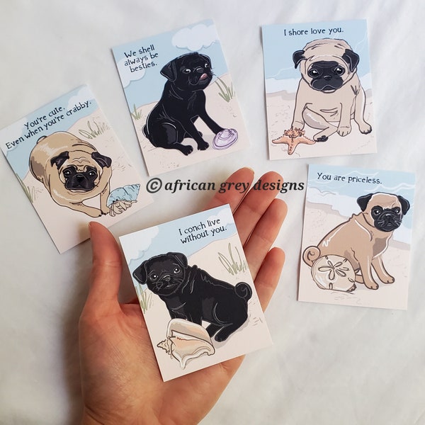 Beach Pug Valentines - Eco-friendly Set of 5 Printed on Recycled Linen Paper
