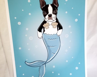 Mermaid Boston Terrier - Eco-Friendly 8x10 Print