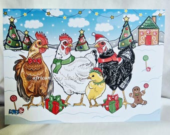 May include: A Christmas card illustration featuring five chickens in a snowy scene. The chickens are adorned with festive accessories like scarves and Santa hats. Christmas trees, a gingerbread house, and candy canes complete the holiday theme.
