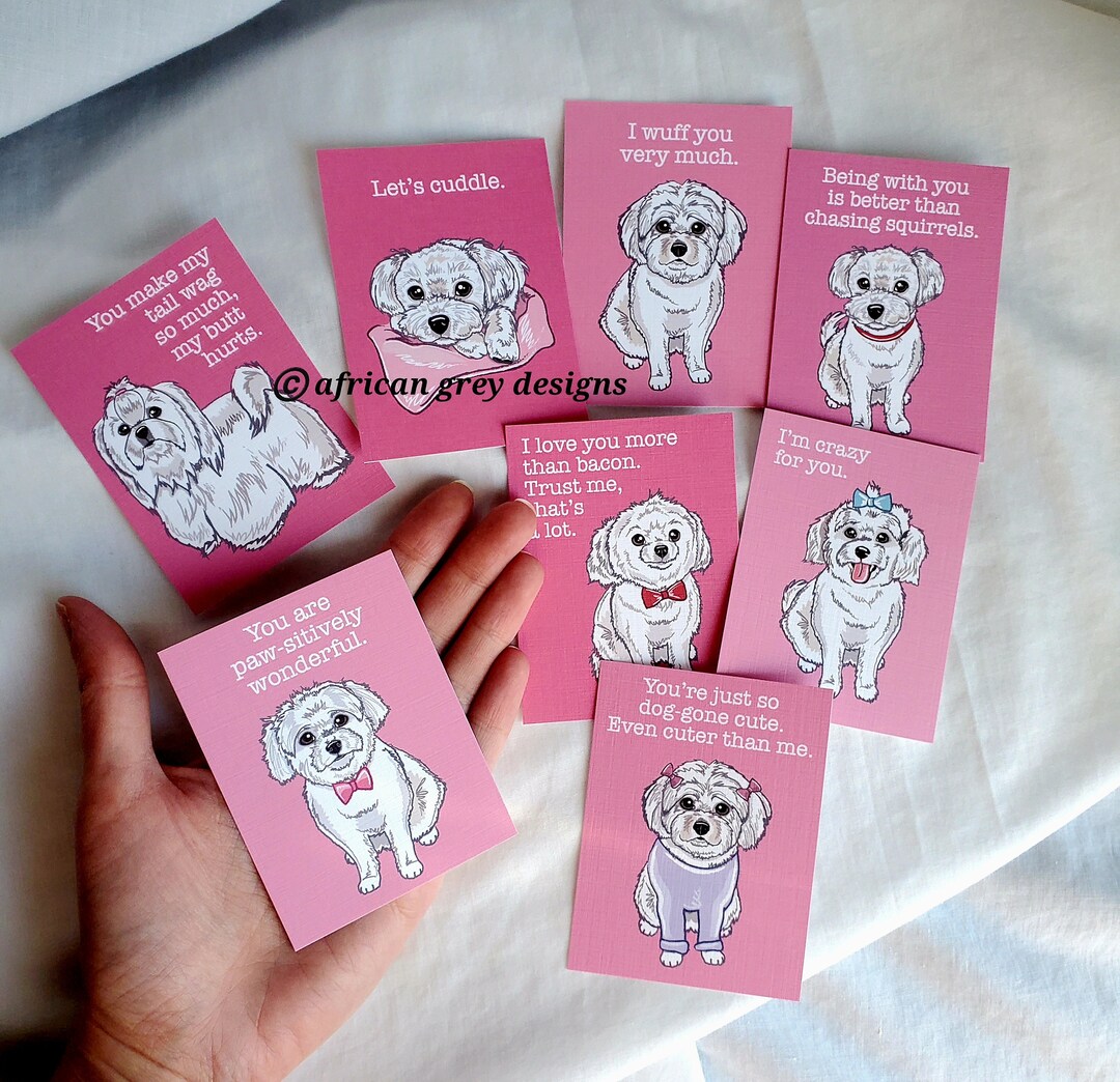 Maltese Valentines Mini Ecofriendly Set of 8 Printed on Recycled Linen