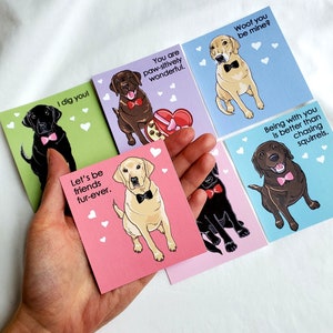 May include: Set of six illustrated greeting cards featuring dogs with different expressions and messages. The cards are printed on colorful backgrounds with white hearts. The messages include "I dig you", "Let's be friends fur-ever", "You are paw-sitively wonderful", "Woof you be mine?", "Being with you is better than chasing squirrels".