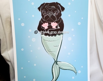 Black Pug Mermaid - Bikini Shell Top - Eco-Friendly 8x10 Print on Recycled Linen Paper