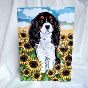 Cavalier King Charles Spaniel Sunflowers Greeting Card - Tricolor Spaniel