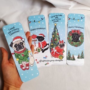 Large Christmas Pug Bookmarks - Eco-friendly Set of 4 - Printed on Recycled Linen Paper