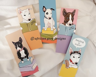 Bull Terrier Bookmarks -  Eco-friendly Set of 5 on Recycled Linen Paper