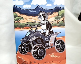 Boston Terrier Four-Wheeler Offroad Greeting Card - Choose Your Fur Color