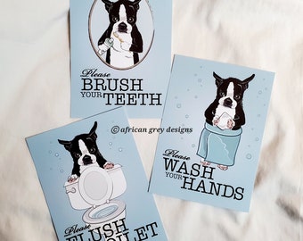 Boston Terrier Bathroom Prints - 5x7 Eco-friendly Set on Recycled Linen Paper