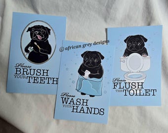 Black Pug Bathroom Prints - 4x6 Eco-friendly Set Printed on Linen Paper