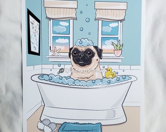 Seaside Bath Pug - Eco-Friendly 8x10 Print on Recycled Linen Paper