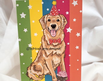 Birthday Golden Retriever Greeting Card - Rainbow Background
