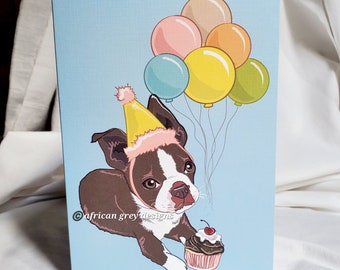 Brown Boston Terrier 'n Balloons Greeting Card