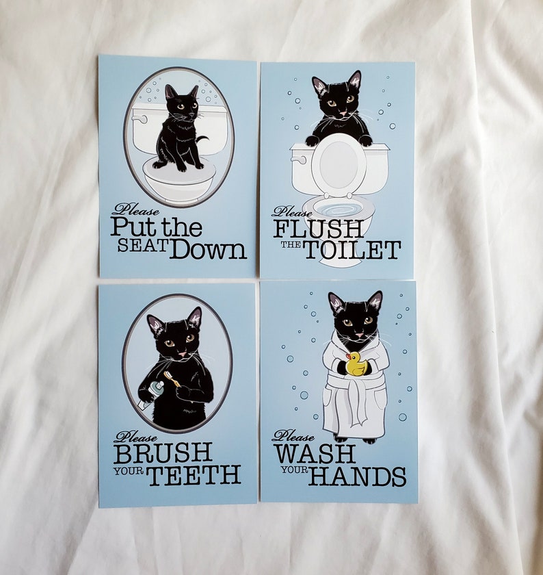 5x7 Set of 4 Black Cat Bathroom Prints
