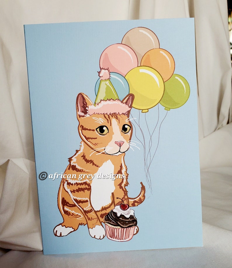 Orange Cat 'n Balloons Greeting Card image 1
