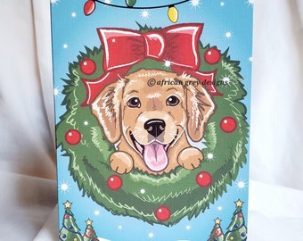 Christmas Golden Retriever Greeting Card - Wreath Design