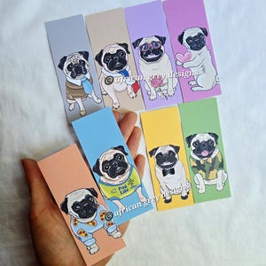Mini Pug Bookmarks - Choose Your Fur Color - Eco-friendly Set of 8 Printed on Recycled Linen Paper