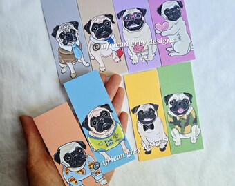 Mini Pug Bookmarks - Choose Your Fur Color - Eco-friendly Set of 8 Printed on Recycled Linen Paper