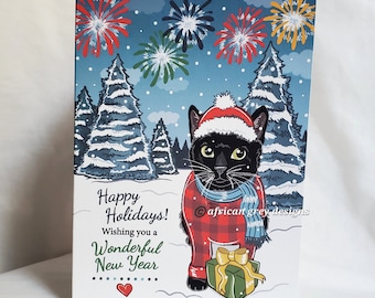 Winter Black Cat Greeting Card - Happy New Year