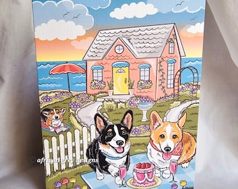 Beach Cottage Corgis Greeting Card