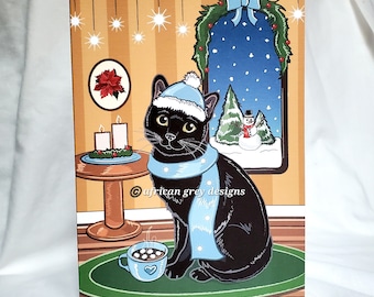Winter Black Cat Greeting Card