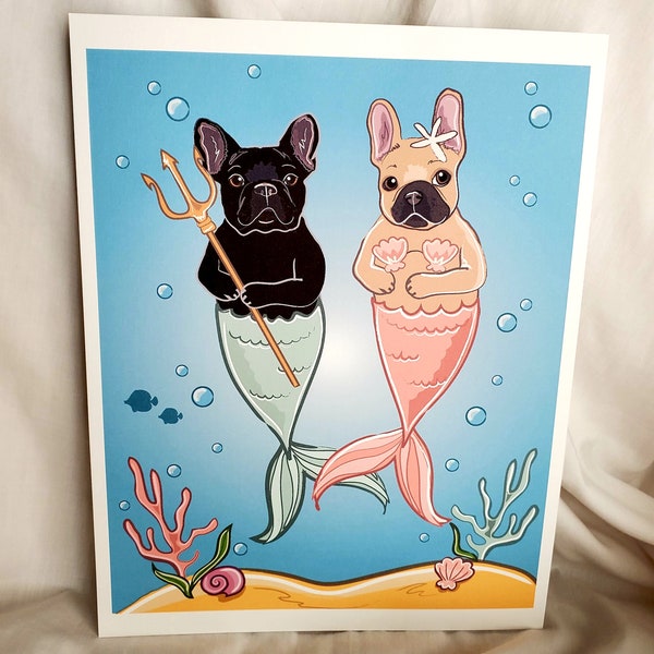 French Bulldog Mermaids - 8x10 Eco-friendly Print on Linen Paper