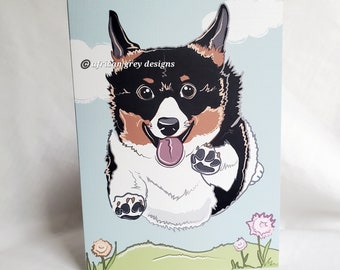 May include: A cartoon illustration of a black, brown, and white corgi dog with a pink tongue sticking out, running through a field of green grass and flowers. The dog is in mid-air, with its paws outstretched. The background is a light blue sky with white clouds.