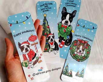 Large Christmas Boston Terrier Bookmarks - Eco-friendly Set of 4 - Printed on Recycled Linen Paper