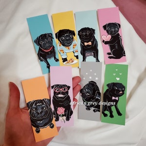 Mini Pug Bookmarks - Black Pugs - Eco-friendly Set of 8 Printed on Recycled Linen Paper