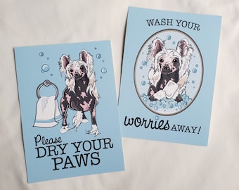 Chinese Crested Bathroom Prints - Wash and Dry Your Paws - 5x7 Eco-friendly Pair