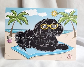 Beach Shih Tzu Greeting Card - Black Fur
