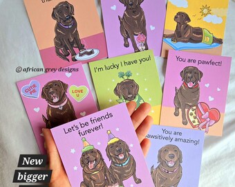 Chocolate Lab Valentines - New Bigger Size - Eco-friendly Set of 8 - 3.5 x 4.25 Inches - Printed on Recycled Linen Paper