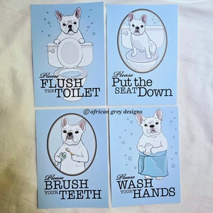 French Bulldog Bathroom Prints - 5x7 Set of 4 - Choose Your Fur Color