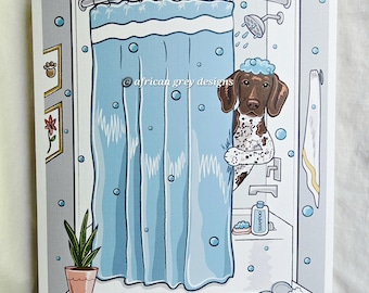 May include: An illustration of a dog in a shower, peeking out from behind a blue shower curtain. The dog has brown and white fur and a soapy head. The bathroom has a shower head, shampoo bottle, and a small rug.