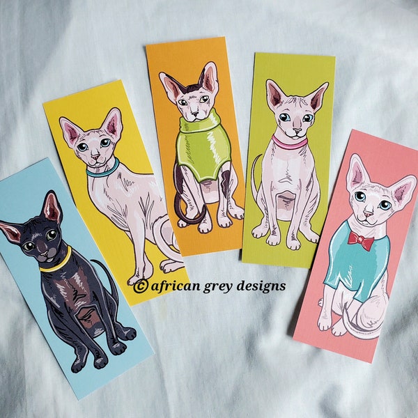 Sphynx Cat Bookmarks - Eco-friendly Set of 5 Printed on Recycled Linen Paper