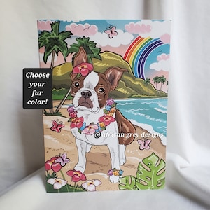 Hawaiian Boston Terrier Greeting Card - Choose Your Fur Color