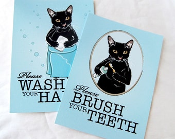 Black Cat Bathroom Prints - 5x7 Eco-friendly Pair