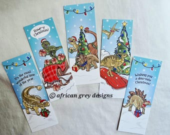 Christmas Dinosaur Bookmarks -  Eco-friendly Set of 5 on Recycled Linen Paper