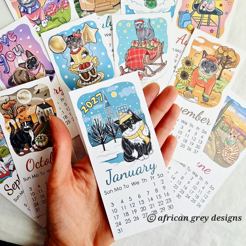 2027 Cat Calendar - Mini Desk Size - Printed on Recycled Linen Paper - Available With or Without Mini Easel Bild 1