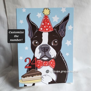 Custom Birthday Boston Terrier Greeting Card - Customize with Your Candle Number