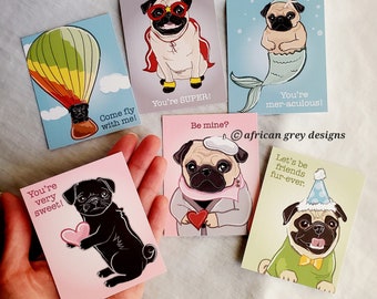 Pug Valentine Cards - Mini Eco-friendly Set of 6 - Choose Your Fur Color