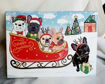 French Bulldogs in a Sled - Greeting Card