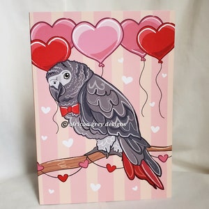 African Grey Parrot Heart Balloons Greeting Card